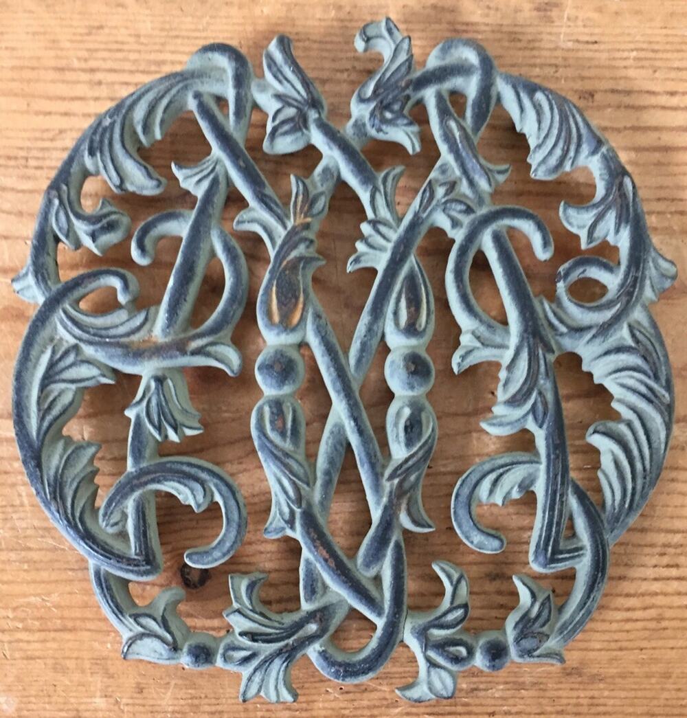 Vintage Antique Primitive Cast Iron Colonial Williamsburg Cypher Logo Trivet